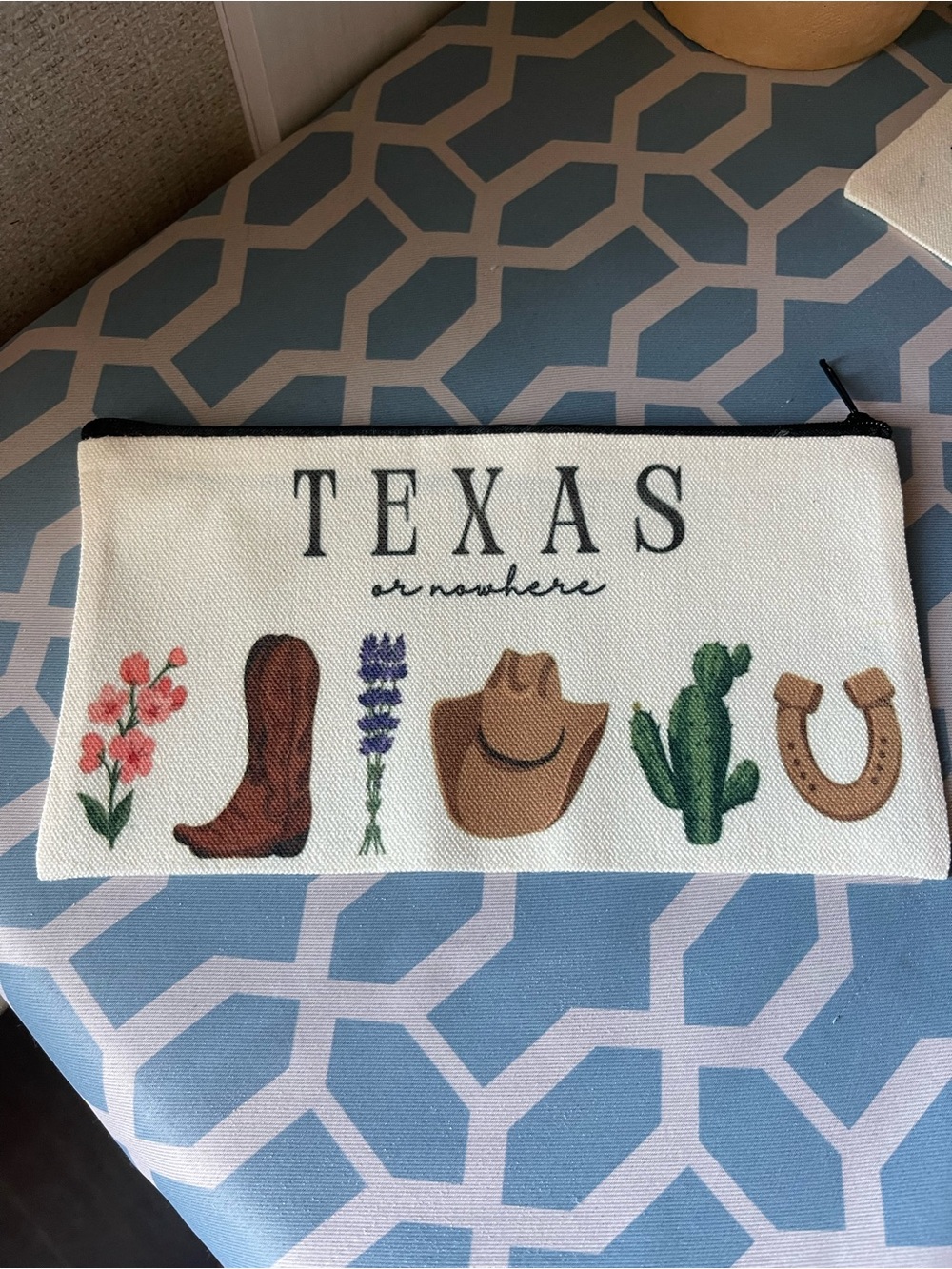 Texas Nowhere Zip Pouch with Western Icons - White